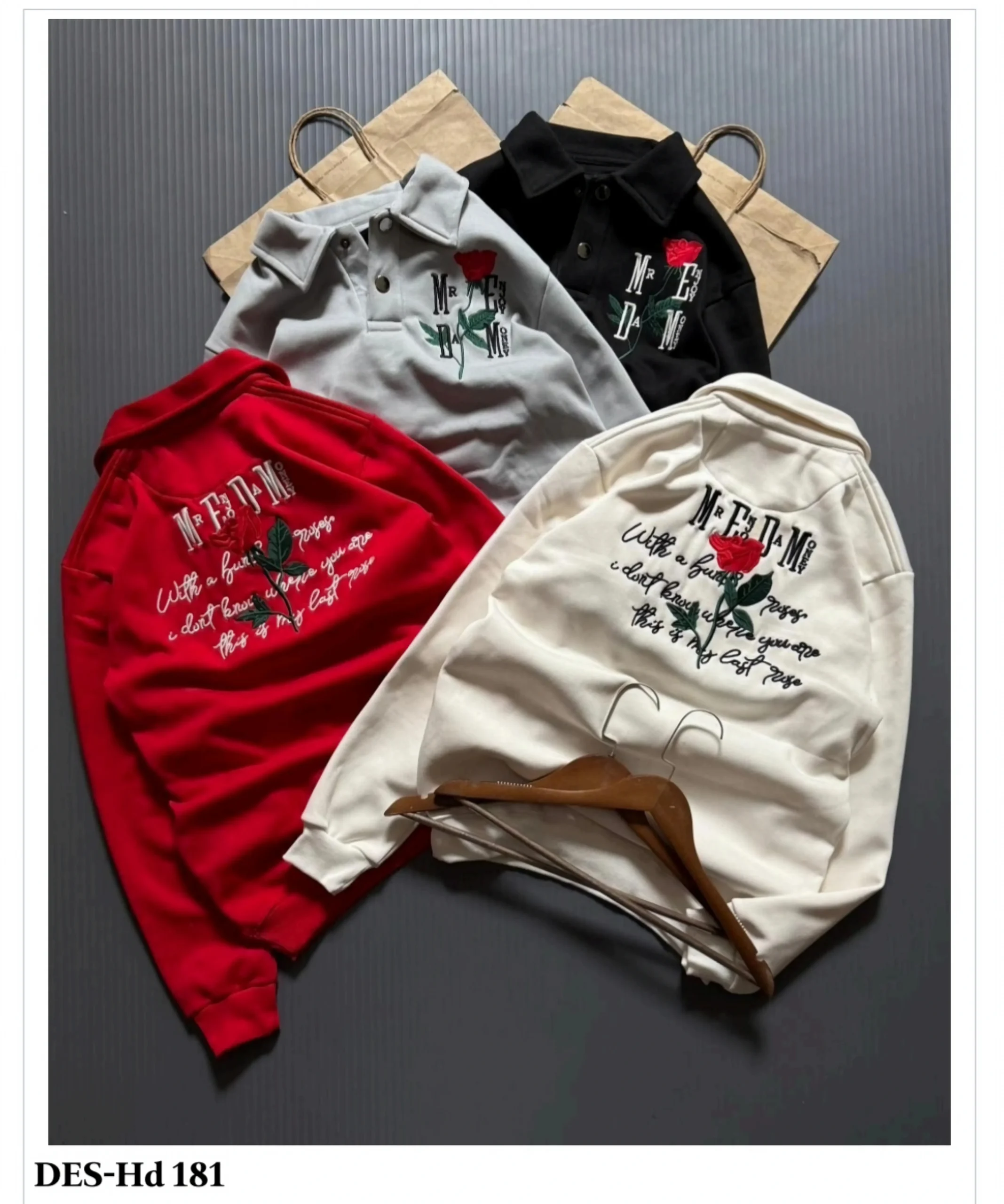 Men's Rose Embroidered Polo Sweatshirt DES-Hd 181 (16 Pcs Set)