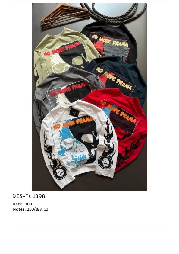 Men's Full Sleeve No More Drama T-Shirt DES-TS-1398 (18 Pcs Set)