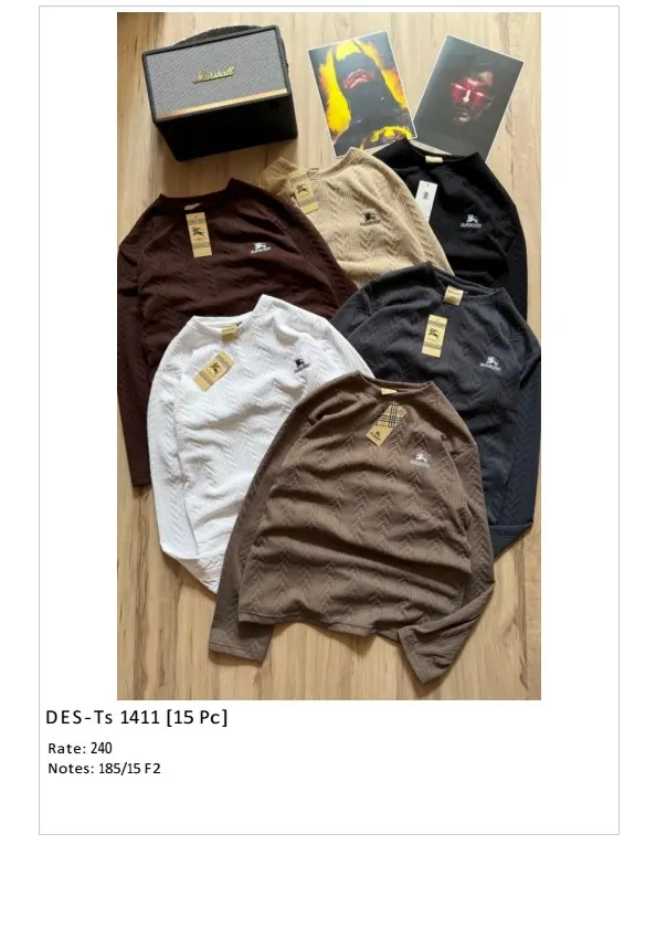Men's Full Sleeve Burberry Textured T-Shirt DES-TS-1411 (18 Pcs Set)
