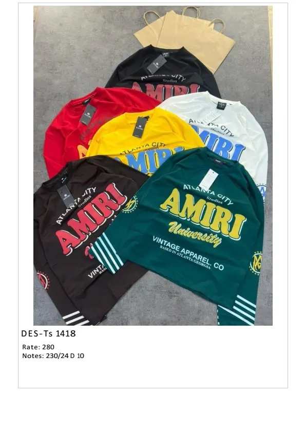 Men's Full Sleeve Amiri University T-Shirt DES-TS-1418 (24 Pcs Set)